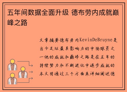 五年间数据全面升级 德布劳内成就巅峰之路 五年间数据全面升级 德布劳内成就巅峰之路